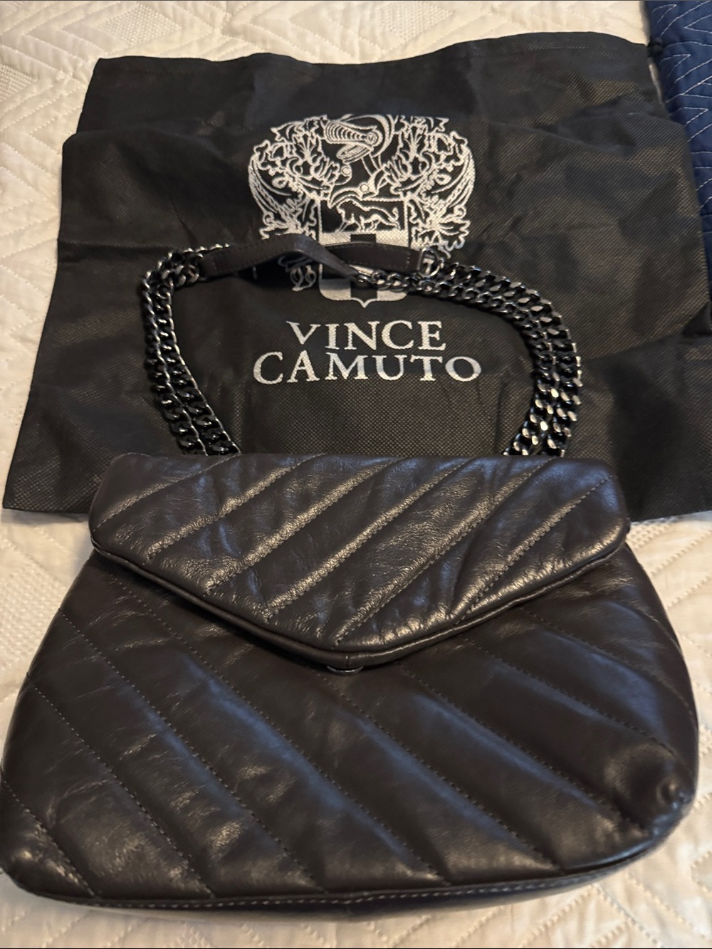 Vince Camuto Black Quilted Leather Shoulder Bag with Chain Strap